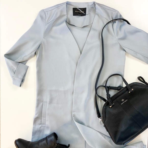 River Island Long Open Front Gray Silver Duster - Picture 1 of 14